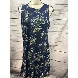 Lauren Ralph Lauren Navy Blue Floral Sleeveless Shift Dress Size 14 Keyhole Back